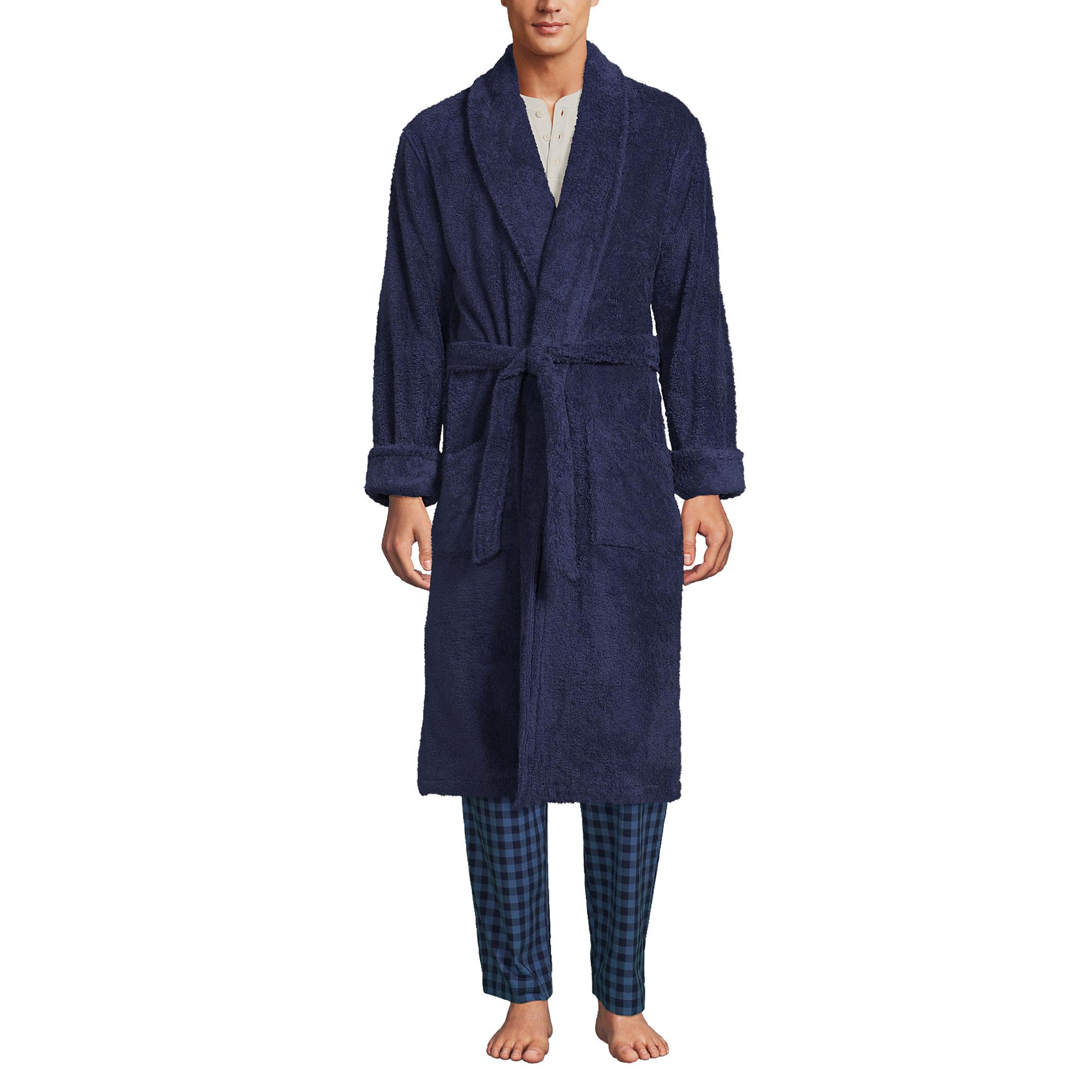 Lands' End Men's Calf Length Turkish Cotton Terry Bathrobe + Soft Absorbent + Relax After Shower + Gifts for Men + Size