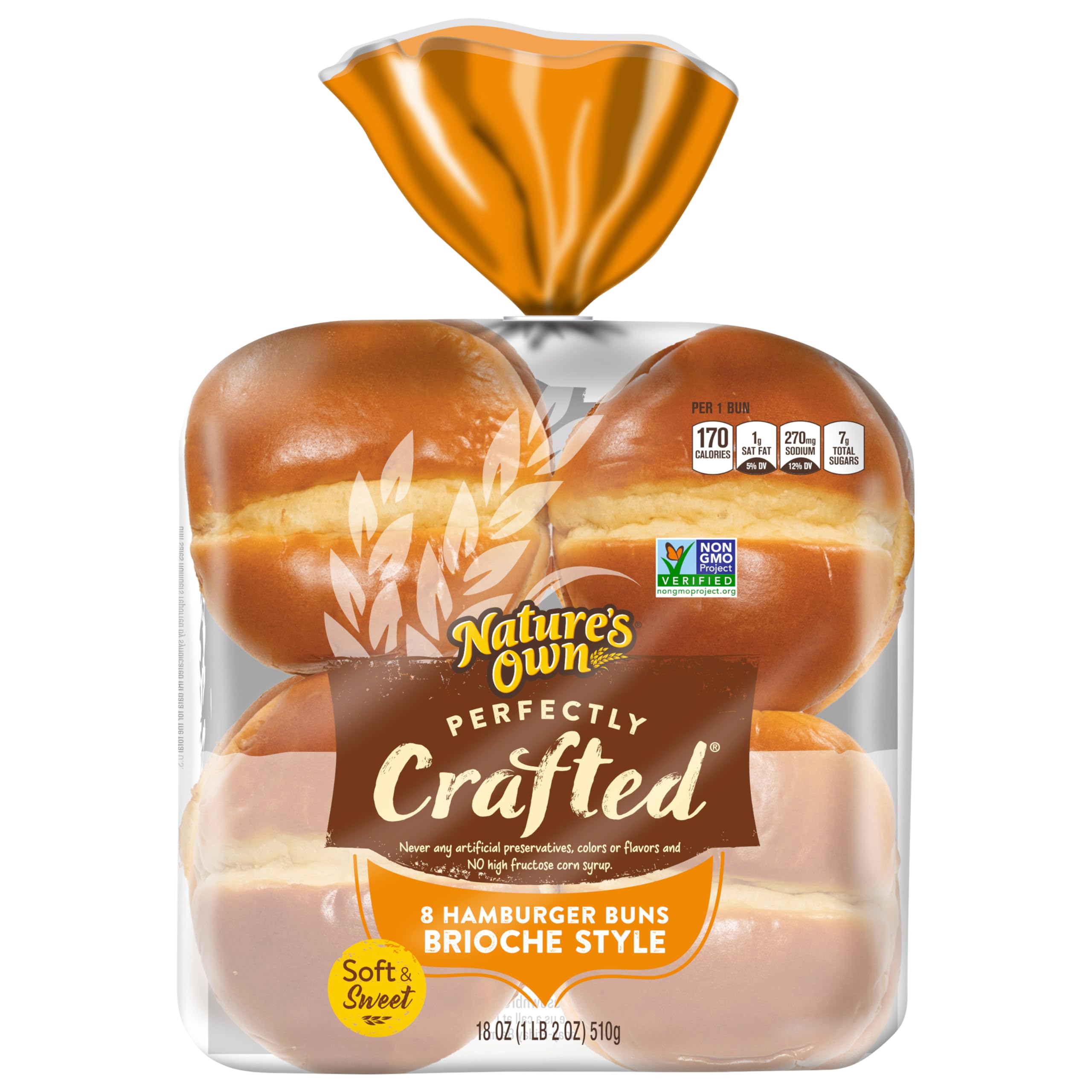 Nature's Own Perfectly Crafted Non-GMO Brioche Style Hamburger Buns for Sandwich Makers, Soft & Fluffy, 8 Count
Nature