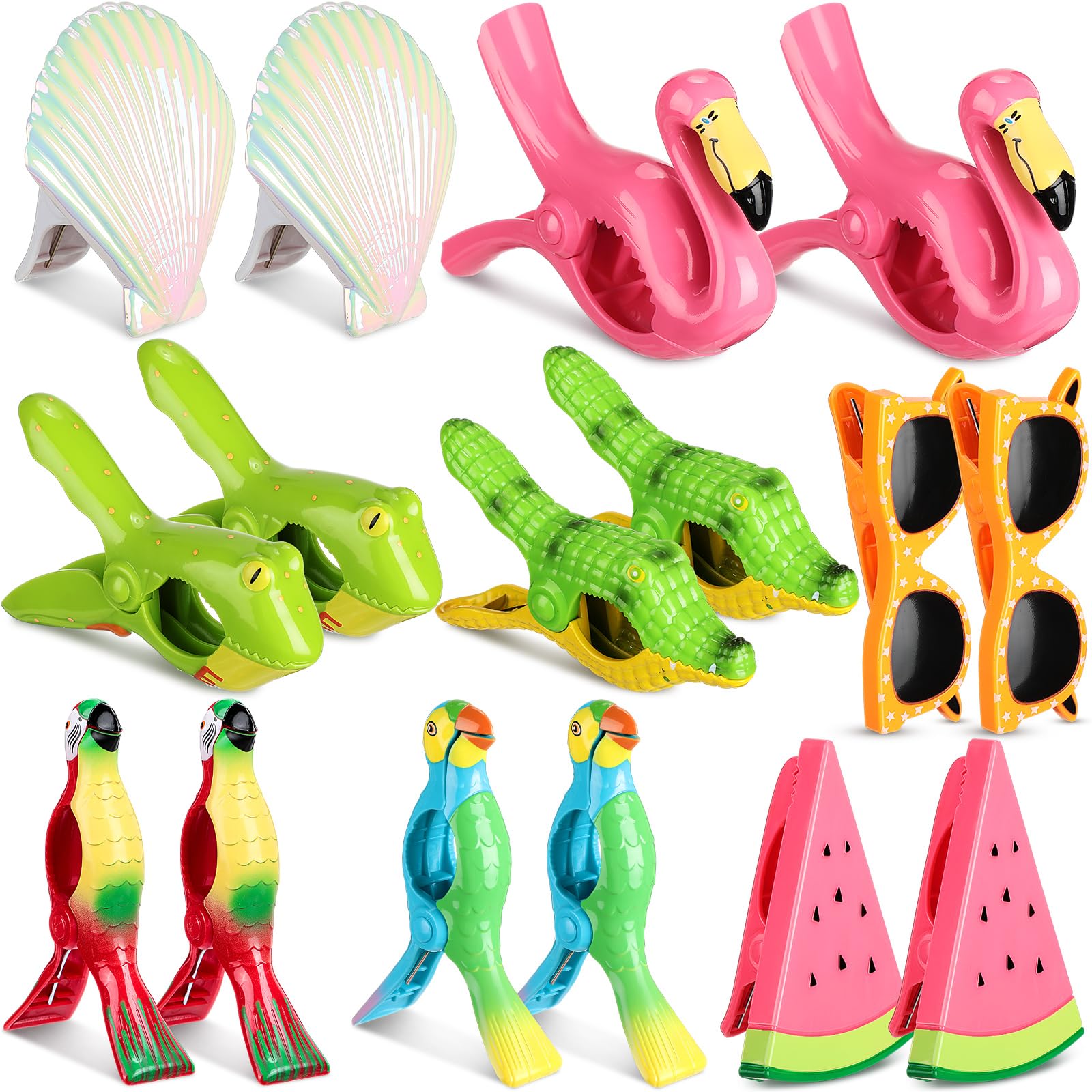 Rtteri 16 Pcs Cute Beach Towel Clips for Lounge Chairs Cruise Clothes Pins Patio Pool Assorted Style